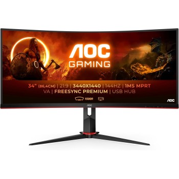 AOC Gaming CU34G2X/BK Monitor Serie G2 Curvo da 34", Raggio di curvatura: 1500R, WQHD 3440 x 1440 a 144 Hz, HDMI, DisplayPort, FreeSync, Tempo di Risposta 1 ms, Regolabile, Nero/Rosso - 34" WQHD Curvo