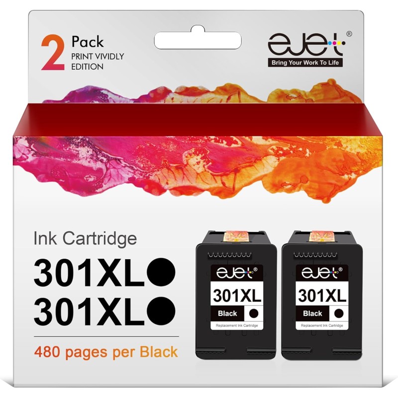 ejet Rigenerate Cartuccia d'inchiostro 301XL ad Alta Resa Compatibili per HP 301XL per Deskjet 1000 1010 1050 1510 1512 2050 2050A 2510 2540 3050 Envy 4500 4502 4503 5530 50 532 2 620 (Nero, 2-Pack) - 2 Nero