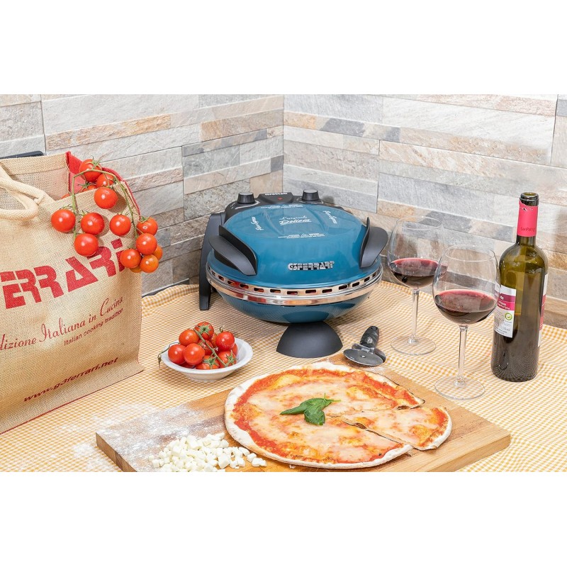 G3 Ferrari G10006 Pizza Express Delizia, Forno Pizza, 1200 W, Termostato regolabile 400°C, Pizza fragrante in 5 minuti, Doppia resistenza riscaldante, Ricettario e Palette inclusi, Blu - Blu