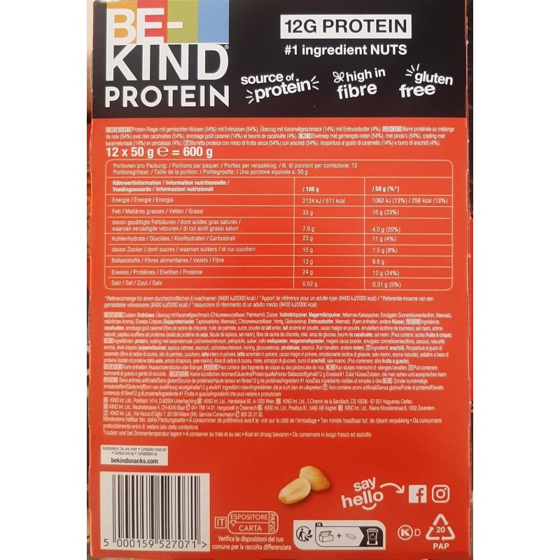 BE-KIND Protein Barretta Proteica al Burro di Arachidi, Snack Proteico Senza Glutine, 12 gr di Proteine, 1 Confezione x 12 Barrette da 50 g (600 g) - 12 Unità (Confezione da 1)