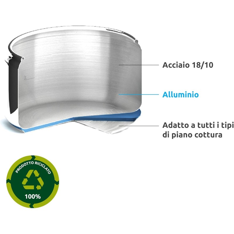 Lagostina Novia Vitamin Lagoeasy'UP Pentola a Pressione 5 L in Acciaio Inox 18/10 Ø 22 cm, Pentola Induzione e Gas, Coperchio con Apertura Facilitata, Inclusi Cestello, Ecodose e Ricettario - 5 Litri