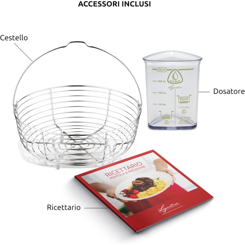 Lagostina Novia Vitamin Lagoeasy'UP Pentola a Pressione 5 L in Acciaio Inox 18/10 Ø 22 cm, Pentola Induzione e Gas, Coperchio con Apertura Facilitata, Inclusi Cestello, Ecodose e Ricettario - 5 Litri