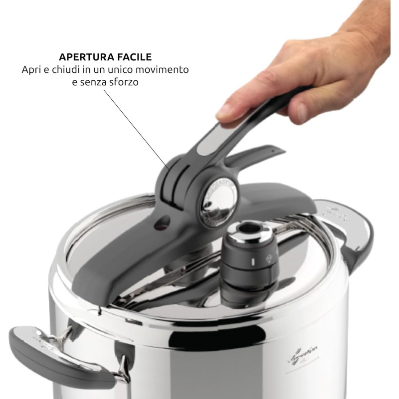 Lagostina Novia Vitamin Lagoeasy'UP Pentola a Pressione 5 L in Acciaio Inox 18/10 Ø 22 cm, Pentola Induzione e Gas, Coperchio con Apertura Facilitata, Inclusi Cestello, Ecodose e Ricettario - 5 Litri