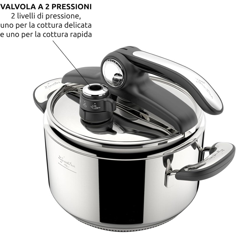 Lagostina Novia Vitamin Lagoeasy'UP Pentola a Pressione 5 L in Acciaio Inox 18/10 Ø 22 cm, Pentola Induzione e Gas, Coperchio con Apertura Facilitata, Inclusi Cestello, Ecodose e Ricettario - 5 Litri