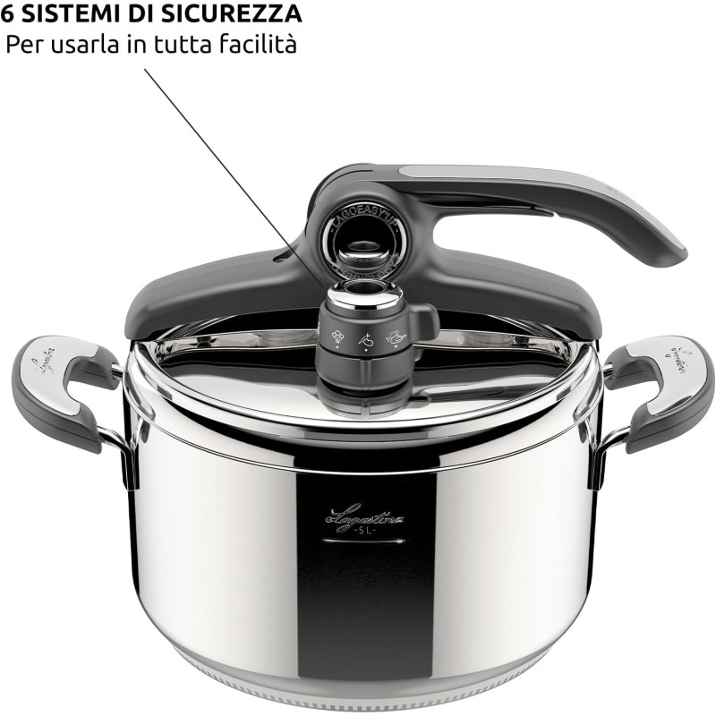 Lagostina Novia Vitamin Lagoeasy'UP Pentola a Pressione 5 L in Acciaio Inox 18/10 Ø 22 cm, Pentola Induzione e Gas, Coperchio con Apertura Facilitata, Inclusi Cestello, Ecodose e Ricettario - 5 Litri