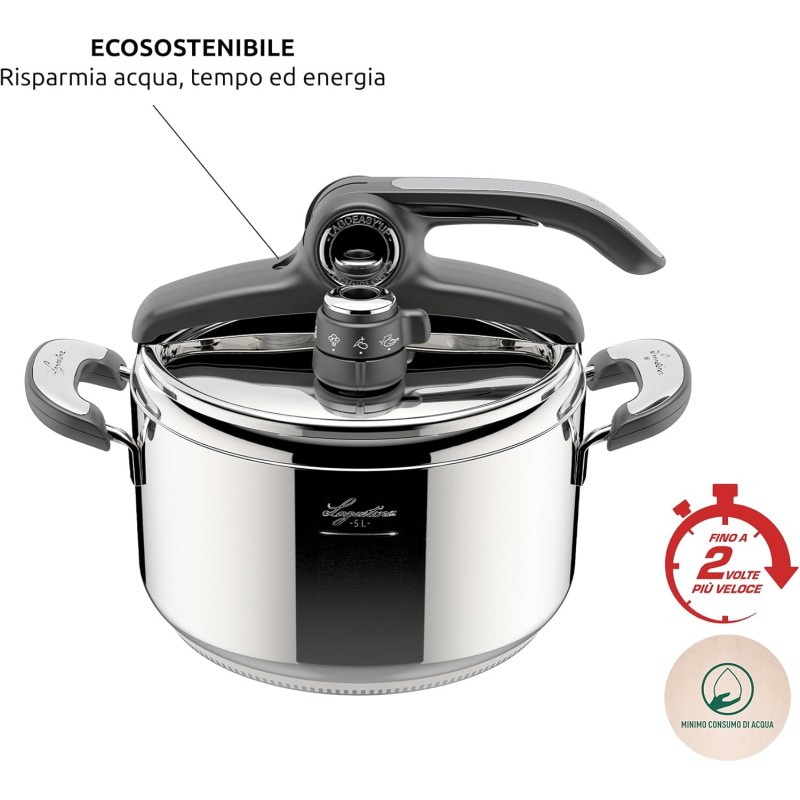 Lagostina Novia Vitamin Lagoeasy'UP Pentola a Pressione 5 L in Acciaio Inox 18/10 Ø 22 cm, Pentola Induzione e Gas, Coperchio con Apertura Facilitata, Inclusi Cestello, Ecodose e Ricettario - 5 Litri