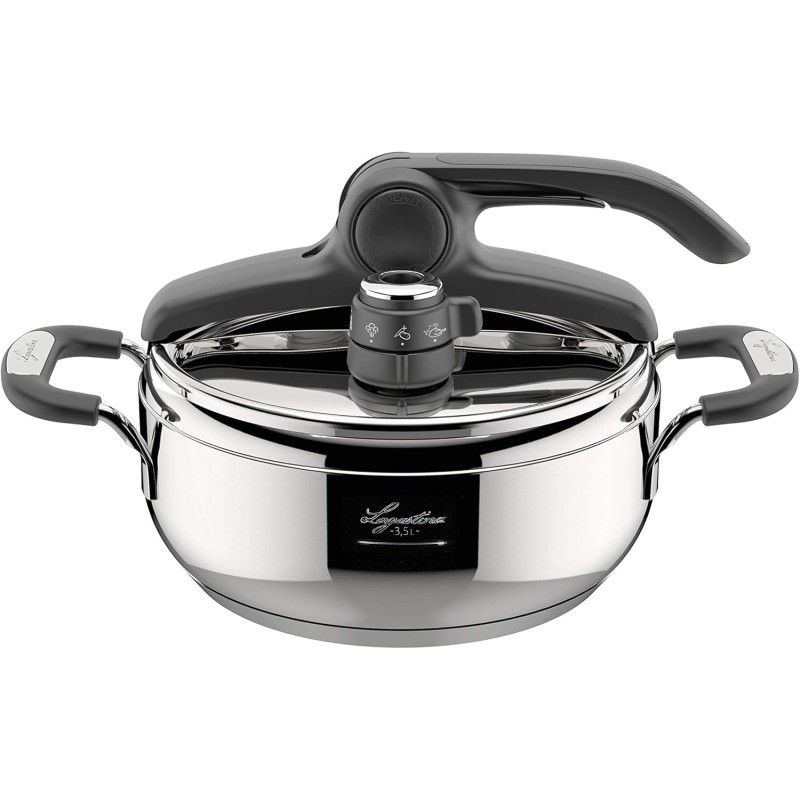 Lagostina Briosa LagoeasyUp Pentola a Pressione in Acciaio Inox 18/10 con Apertura Facile, Fondo Lagofusion e Valvola a Due Pressioni, Pentola a Pressione per Induzione e Gas, Capacità 3,5L - 3.5L