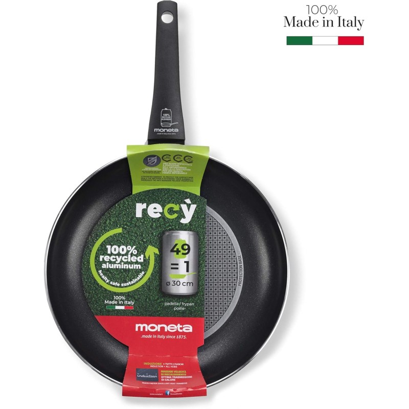 Moneta Recy Padella 30 cm Ricicla 49 Lattine, Net Induction, Nero, Corpo Alluminio 100% Riciclato Moneta Recy Padella 30 cm Ricicla 49 Lattine, Net Induction, Nero, Corpo Alluminio 100% Riciclato