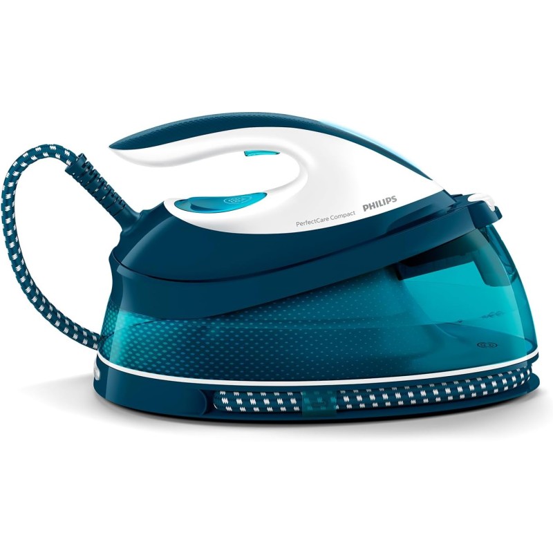 Philips PerfectCare Compact Ferro da Stiro con Caldaia - 2400W, Colpo di Vapore 400g, Pressione 6,5 Bar, Tecnologia OptimalTEMP, Serbatoio 1,5 l, Bianco/Blu (GC7844/20) | 2400W, Vapore 120g/min, Sistema anticalcare Smart Calc-Clean, Tec. Antibruciature Op