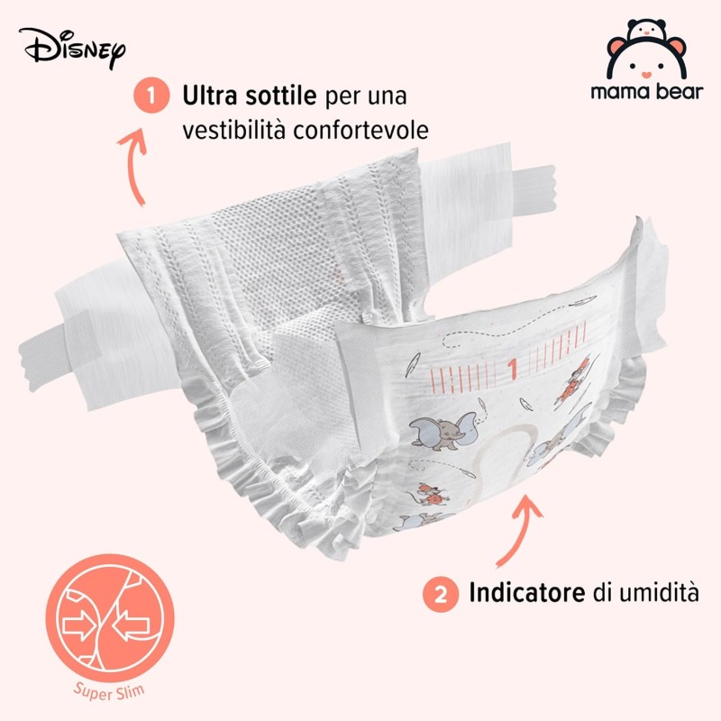Marchio Amazon - Mama Bear Disney - Pannolini ultra-asciutti, Taglia 1 (2-5 kg), Bianco, 96 Unità, 2 Confezioni da 48, PACCO MENSILE - Taglia 1 (2-5 kg)