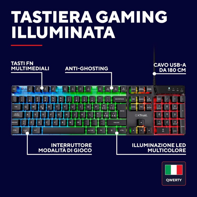 Trust Gaming GXT 835 Azor Tastiera Gaming, Layout Italiano QWERTY, USB, Anti-ghosting, Tastiera Retroilluminata LED RGB Per PC, Computer, Laptop, Mac - Nero - Nero Trust Gaming GXT 835 Azor Tastiera Gaming, Layout Italiano QWERTY, USB, Anti-ghosting, Tastiera Retroilluminata LED RGB Per PC, Computer, Laptop, Mac - Nero - Nero