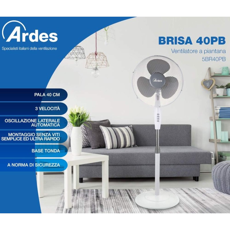 ARDES - AR5BR40PB Ventilatore a Piantana Silenzioso 3 Pale BRISA 40PB - Ventilatore Ardes Piantana Oscillante e Inclinabile con Pannello Manuale - Ventilatore a Stelo 3 Velocità e Altezza Regolabile ARDES - AR5BR40PB Ventilatore a Piantana Silenzioso 3 Pale BRISA 40PB - Ventilatore Ardes Piantana Oscillante e Inclinabile con Pannello Manuale - Ventilatore a Stelo 3 Velocità e Altezza Regolabile