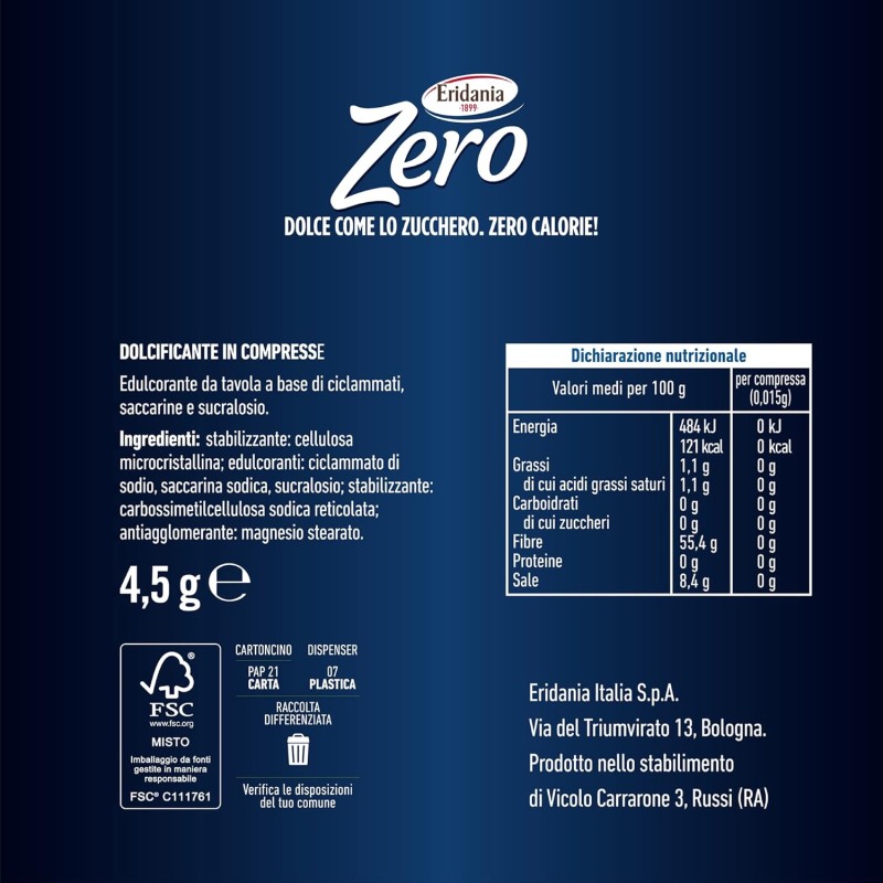 Eridania - Eridania Zero, Dolcificante in Compresse da 4,5 gr, Formato Tascabile da 300 Compresse, 1 Compressa Equivale a Mezzo Cucchiaino di Zucchero, Senza Aspartame e Lattosio, Velocemente Solubile - 300 unità (Confezione da 1)