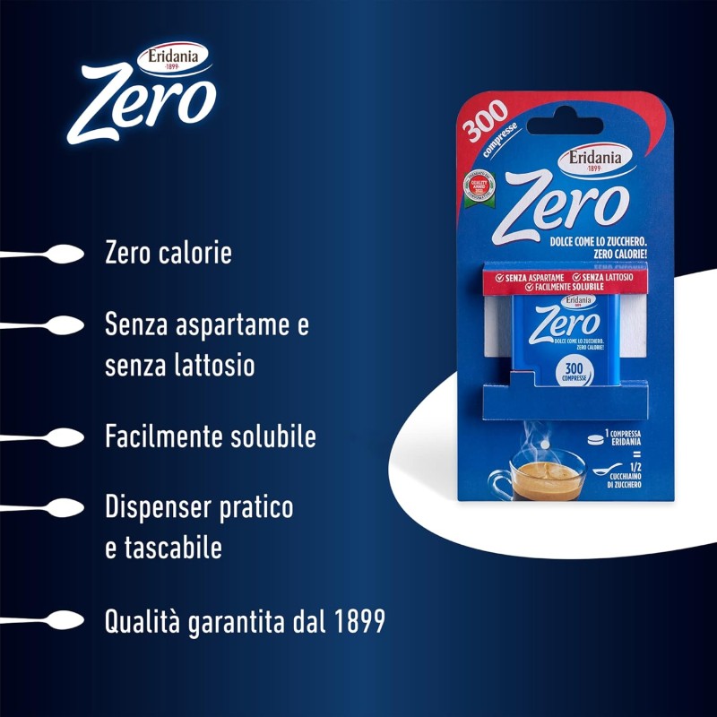 Eridania - Eridania Zero, Dolcificante in Compresse da 4,5 gr, Formato Tascabile da 300 Compresse, 1 Compressa Equivale a Mezzo Cucchiaino di Zucchero, Senza Aspartame e Lattosio, Velocemente Solubile - 300 unità (Confezione da 1)