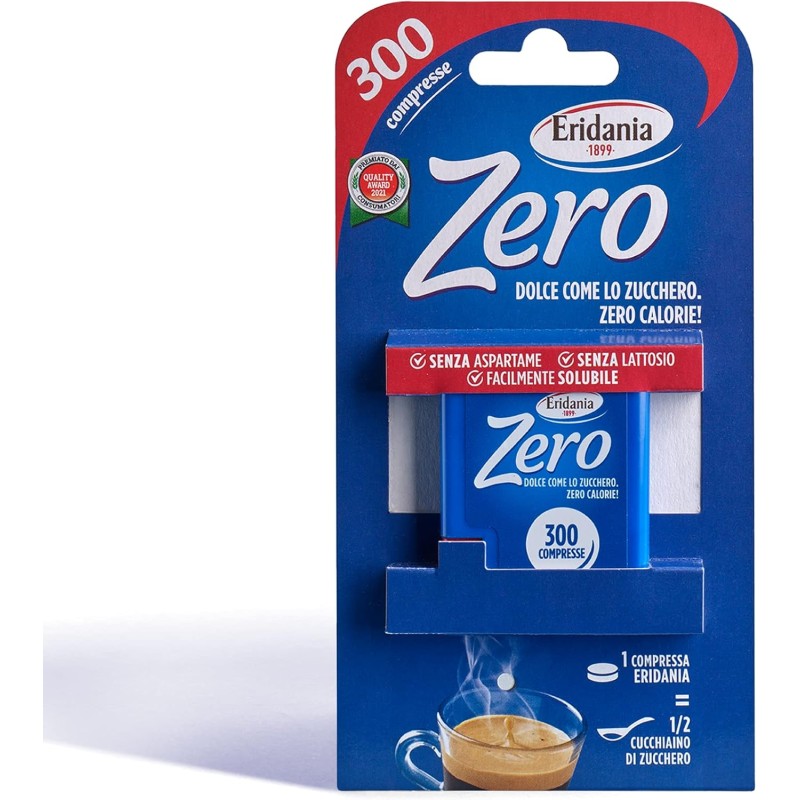 Eridania - Eridania Zero, Dolcificante in Compresse da 4,5 gr, Formato Tascabile da 300 Compresse, 1 Compressa Equivale a Mezzo Cucchiaino di Zucchero, Senza Aspartame e Lattosio, Velocemente Solubile - 300 unità (Confezione da 1)