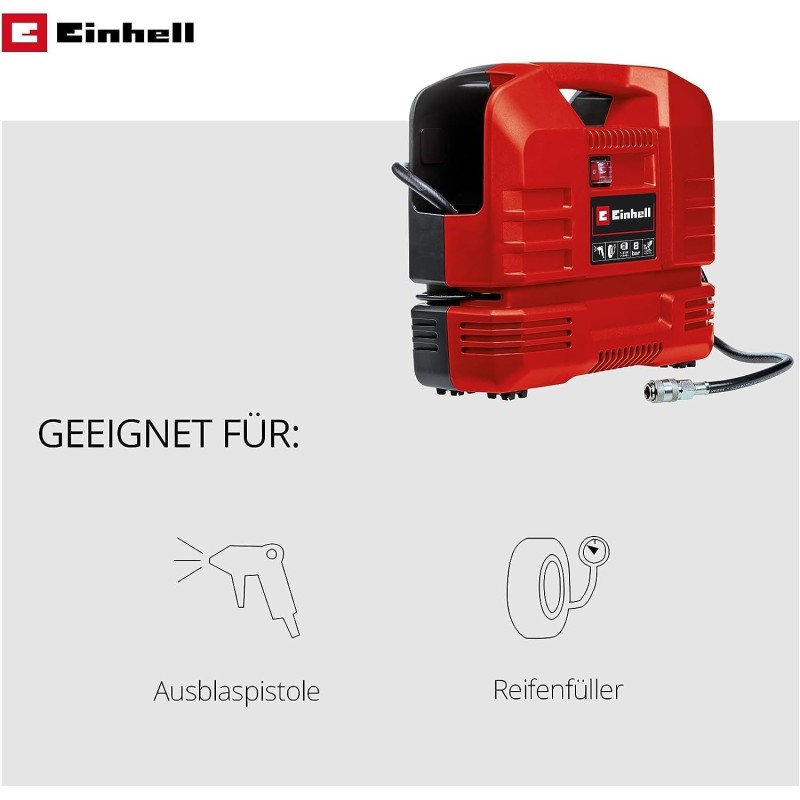 Einhell TC-AC 190 OF Set Compressore portatile senza serbatoio (220-240 V, max 8 bar, aria max 165 l/min., autolubrificato, incl. pistola soffiaggio, tubo 3m, manometro, set 3 adattatori)