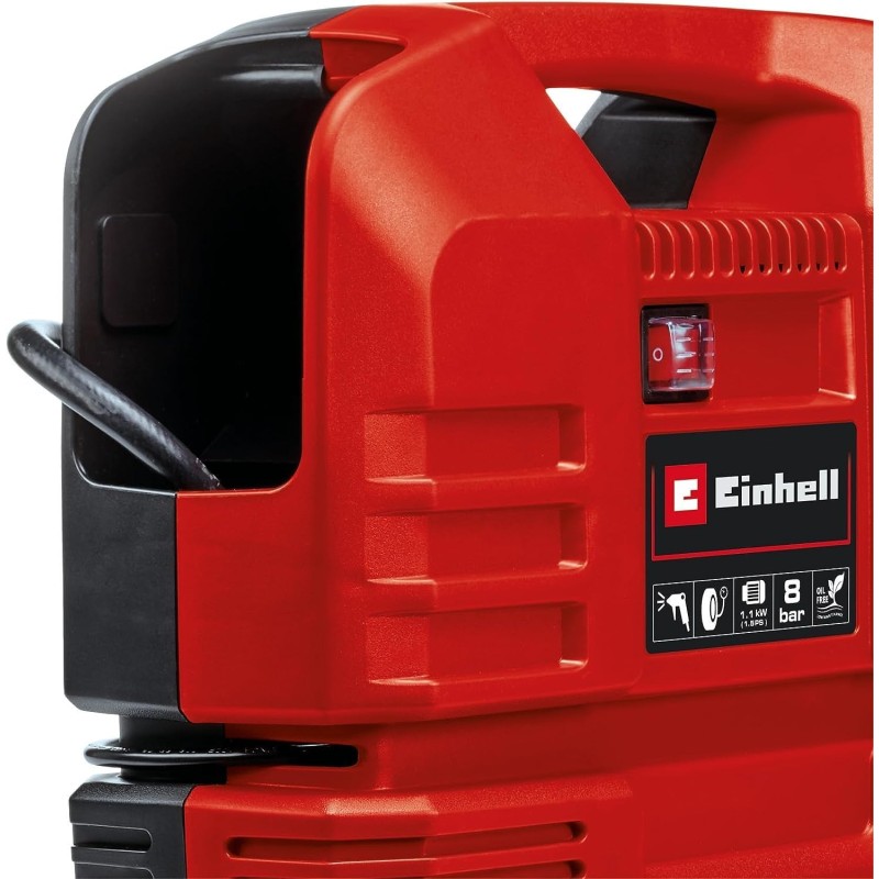 Einhell TC-AC 190 OF Set Compressore portatile senza serbatoio (220-240 V, max 8 bar, aria max 165 l/min., autolubrificato, incl. pistola soffiaggio, tubo 3m, manometro, set 3 adattatori)