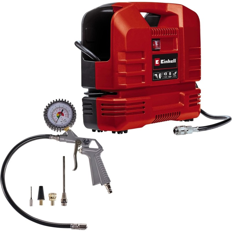 Einhell TC-AC 190 OF Set Compressore portatile senza serbatoio (220-240 V, max 8 bar, aria max 165 l/min., autolubrificato, incl. pistola soffiaggio, tubo 3m, manometro, set 3 adattatori)