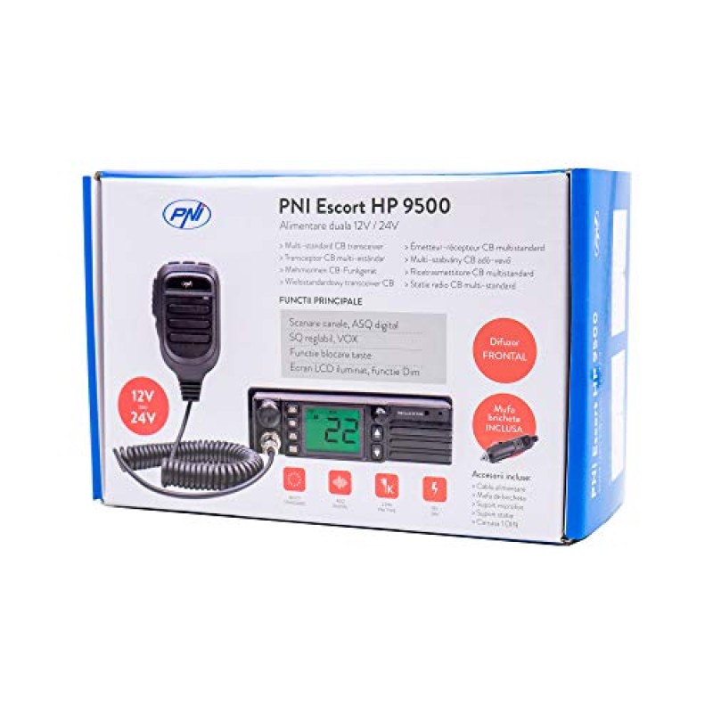 PNI Radio CB Escort HP 9500 multistandard, ASQ, VOX, Scan, 4W, AM-FM, Alimentatore 12V / 24V, Presa accendisigari Inclusa