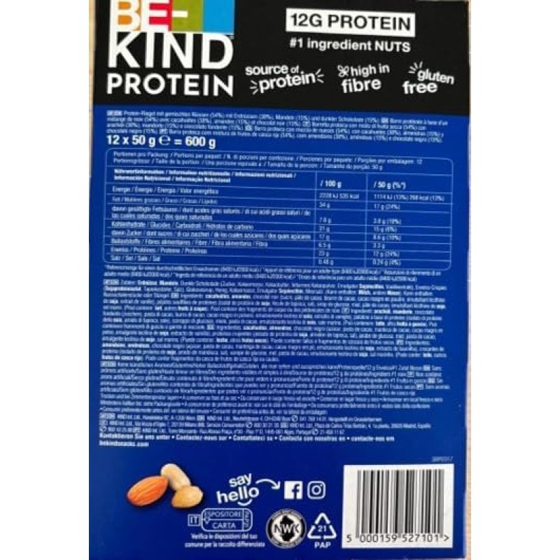 BE-KIND Protein Barretta Proteica al Doppio Cioccolato Fondente, Snack Proteico senza Glutine, 12 gr di Proteine, 12 Unità, Confezione da 1 BE-KIND Protein Barretta Proteica al Doppio Cioccolato Fondente, Snack Proteico senza Glutine, 12 gr di Proteine, 12 Unità, Confezione da 1