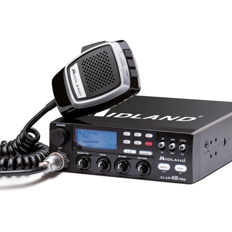 Midland - Radio CB ALAN 48 PRO, Ricetrasmittente Veicolare Multibanda Senza Licenza, Potenza Regolabile 1W/4W, Display LCD, SCAN, Dual Watch, RF Gain, Filtri ANL e Noise Blanker, Microfono 6 Pin - Unica