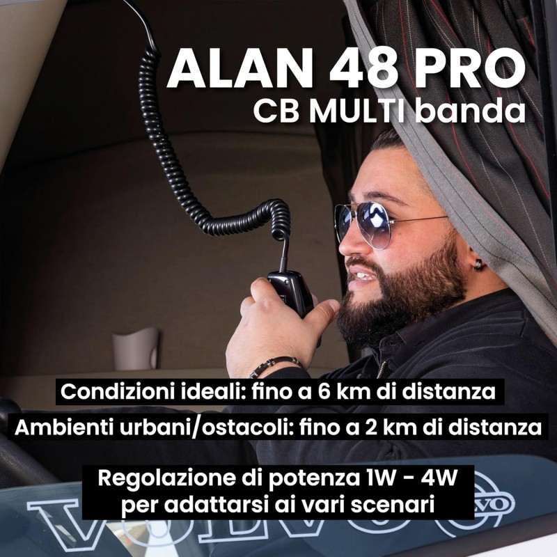 Midland - Radio CB ALAN 48 PRO, Ricetrasmittente Veicolare Multibanda Senza Licenza, Potenza Regolabile 1W/4W, Display LCD, SCAN, Dual Watch, RF Gain, Filtri ANL e Noise Blanker, Microfono 6 Pin - Unica