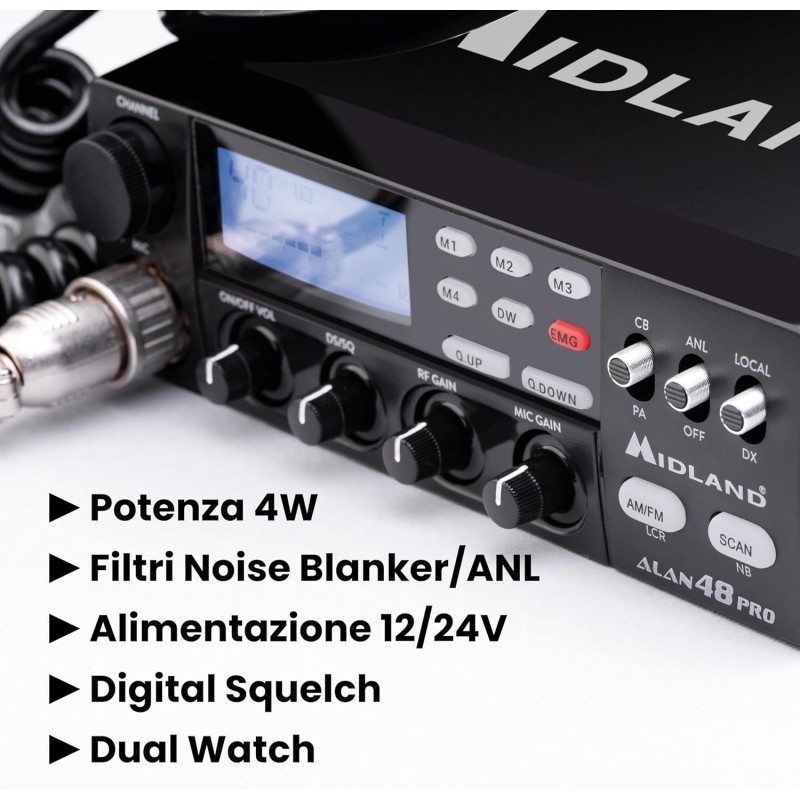 Midland - Radio CB ALAN 48 PRO, Ricetrasmittente Veicolare Multibanda Senza Licenza, Potenza Regolabile 1W/4W, Display LCD, SCAN, Dual Watch, RF Gain, Filtri ANL e Noise Blanker, Microfono 6 Pin - Unica