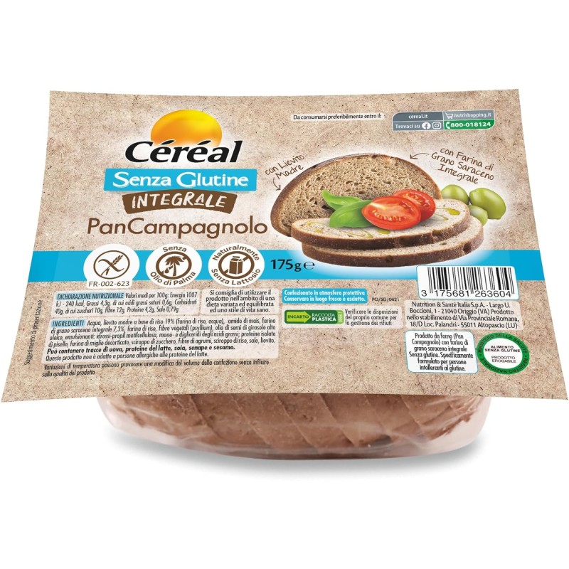 CÉRÉAL PAN CAMPAGNOLO INTEGRALE, Pane senza glutine e lattosio, Con lievito madre, A base di farina di grano saraceno integrale, ottimo per colazione, pranzo e cena, 175 gr