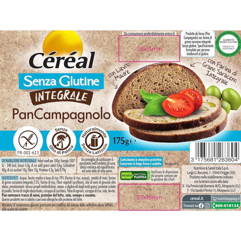 CÉRÉAL PAN CAMPAGNOLO INTEGRALE, Pane senza glutine e lattosio, Con lievito madre, A base di farina di grano saraceno integrale, ottimo per colazione, pranzo e cena, 175 gr
