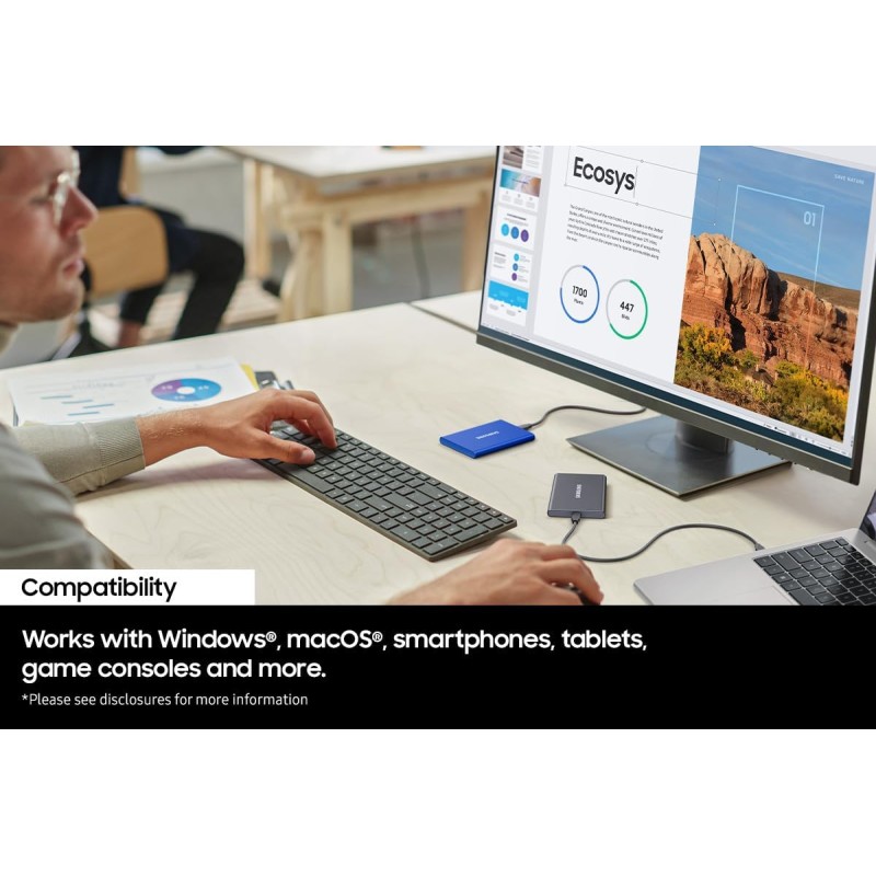 Samsung T7 Portable SSD - 1 TB - USB 3.2 Gen.2 External SSD Indigo Blue (MU-PC1T0H/WW) - 1TB Blu indigo