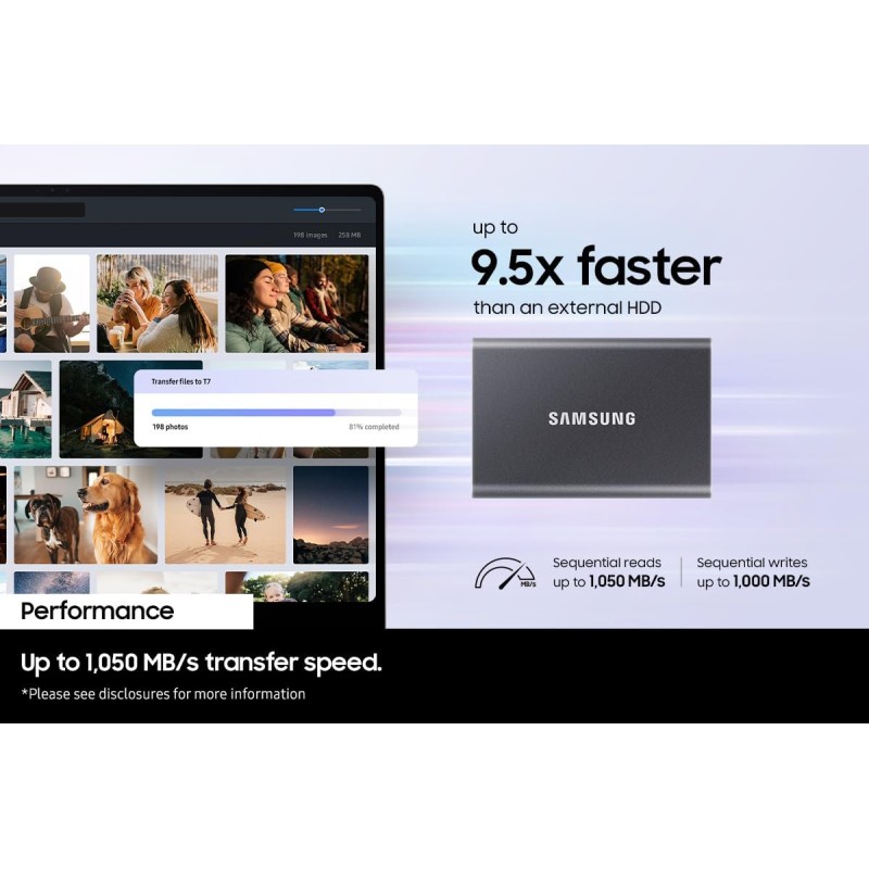 Samsung T7 Portable SSD - 1 TB - USB 3.2 Gen.2 External SSD Indigo Blue (MU-PC1T0H/WW) - 1TB Blu indigo