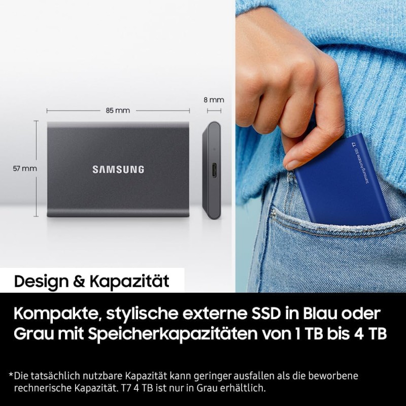 Samsung MU-PC1T0T/WW T7 - SSD Esterno Portatile da 1 TB, USB 3.2 Gen 2, 10 Gbps, Tipo-C, Grigio Titanio - 1TB Grigio titanio