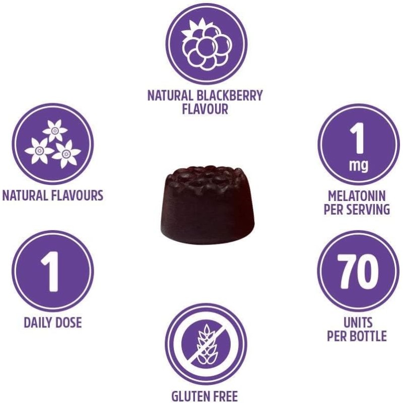 VITALDIN Melatonina Gummies – 1 mg per dose – 70 Caramelle Gommose (fornitura per 2 mesi) gusto Mora – Aiuta a Regolare il Ciclo del Sonno – Senza Glutine- per Bambini e Adulti