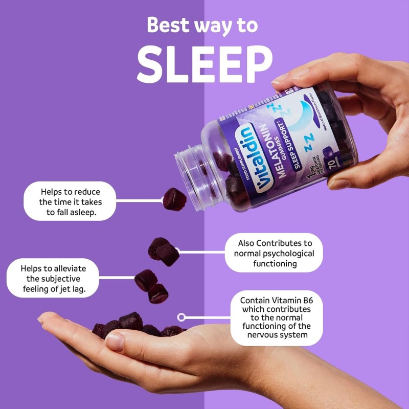 VITALDIN Melatonina Gummies – 1 mg per dose – 70 Caramelle Gommose (fornitura per 2 mesi) gusto Mora – Aiuta a Regolare il Ciclo del Sonno – Senza Glutine- per Bambini e Adulti