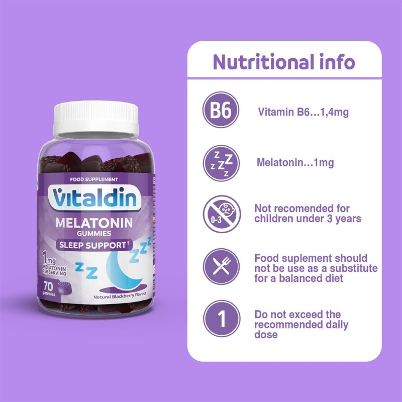 VITALDIN Melatonina Gummies – 1 mg per dose – 70 Caramelle Gommose (fornitura per 2 mesi) gusto Mora – Aiuta a Regolare il Ciclo del Sonno – Senza Glutine- per Bambini e Adulti
