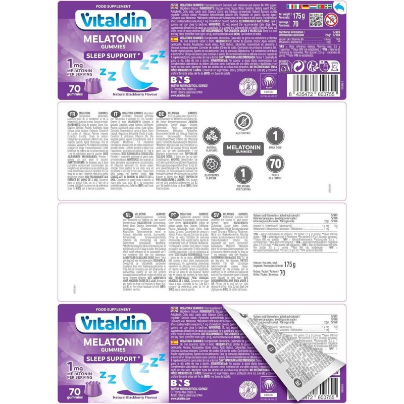 VITALDIN Melatonina Gummies – 1 mg per dose – 70 Caramelle Gommose (fornitura per 2 mesi) gusto Mora – Aiuta a Regolare il Ciclo del Sonno – Senza Glutine- per Bambini e Adulti
