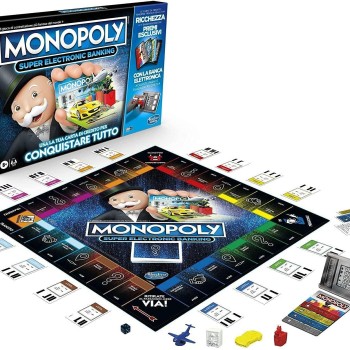 Monopoly hasbro super electronic banking, gioco in scatola, variante con carte di credito e spazi aerei, include lettore elettronico hasbro gaming, per famiglie e bambini da 8 anni in su - Multicolore