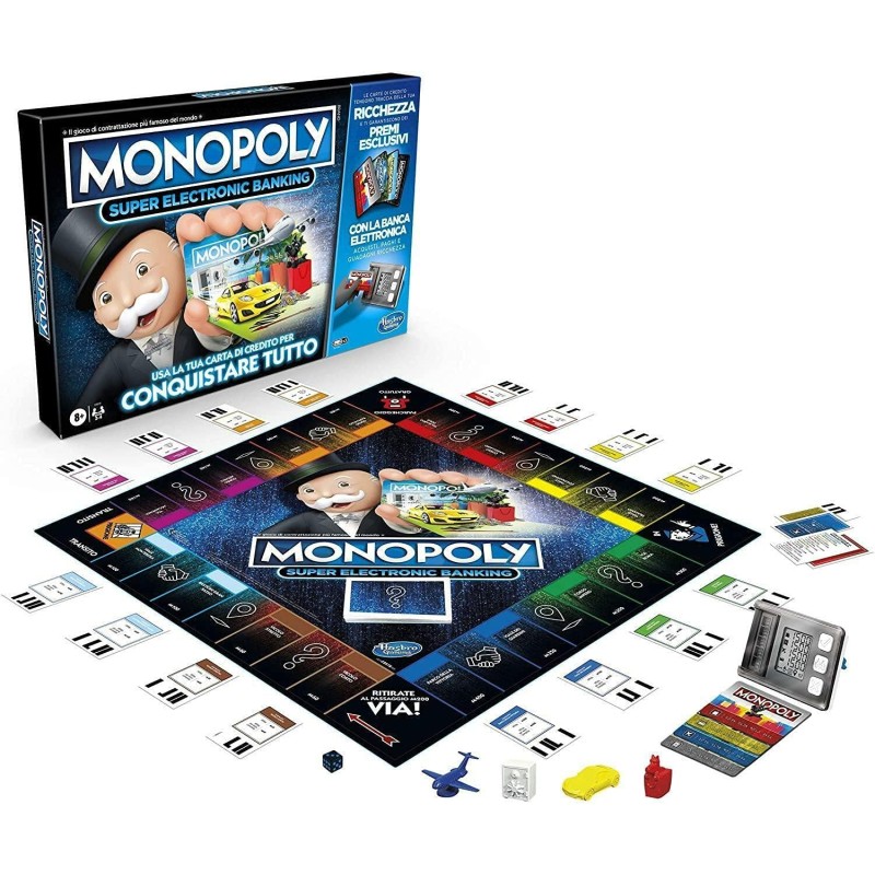 Monopoly hasbro super electronic banking, gioco in scatola, variante con carte di credito e spazi aerei, include lettore elettronico hasbro gaming, per famiglie e bambini da 8 anni in su - Multicolore