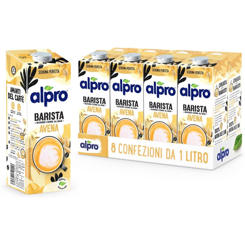ALPRO BARISTA, bevanda all'AVENA, 100% vegetali, ideale con il caffè (8 confezioni x 1 Litro)