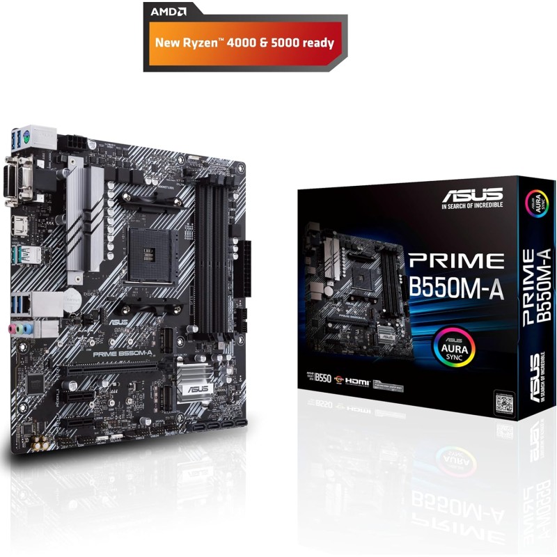 ASUS PRIME B550M-A, Scheda Madre Micro ATX AMD B550 (Ryzen AM4), dual M.2, PCIe 4.0, 1 Gb Lan, HDMI/D-Sub/DVI, SATA 6 Gbps, USB 3.2 Gen 2 Type-A, Connettori RGB Aura Sync - microATX ASUS PRIME B550M-A, Scheda Madre Micro ATX AMD B550 (Ryzen AM4), dual M.2, PCIe 4.0, 1 Gb Lan, HDMI/D-Sub/DVI, SATA 6 Gbps, USB 3.2 Gen 2 Type-A, Connettori RGB Aura Sync - microATX