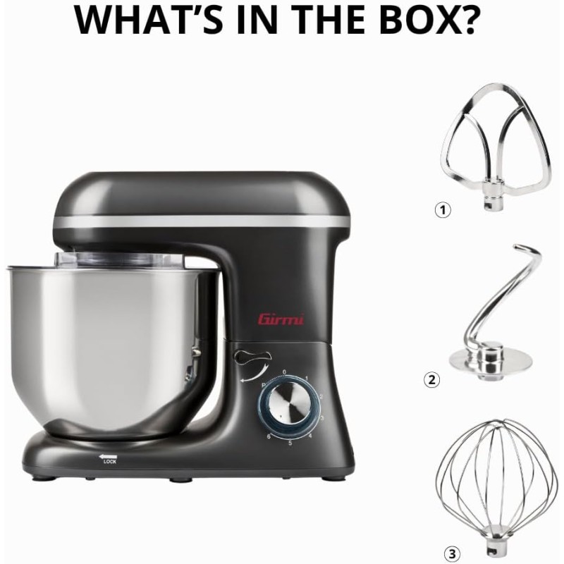 Girmi IM46 Impastatrice Planetaria, 1800 W Max, 8 Litri, 6 Velocità, Pulse, Contenitore inox, Dispositivo di sicurezza, Accessori inclusi, Grigio Antracite