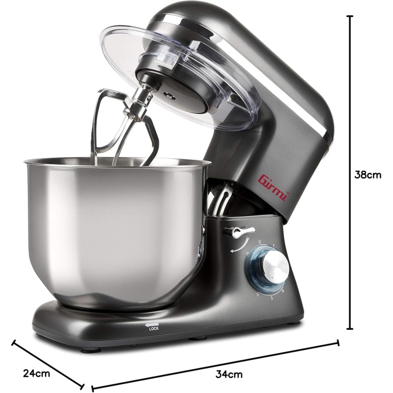 Girmi IM46 Impastatrice Planetaria, 1800 W Max, 8 Litri, 6 Velocità, Pulse, Contenitore inox, Dispositivo di sicurezza, Accessori inclusi, Grigio Antracite