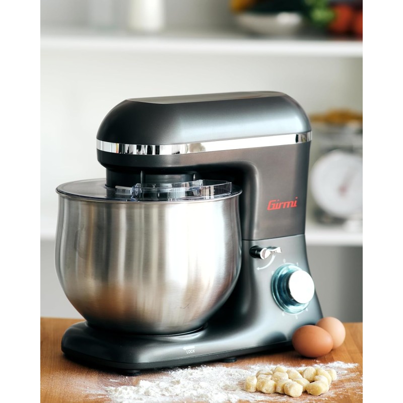 Girmi IM46 Impastatrice Planetaria, 1800 W Max, 8 Litri, 6 Velocità, Pulse, Contenitore inox, Dispositivo di sicurezza, Accessori inclusi, Grigio Antracite