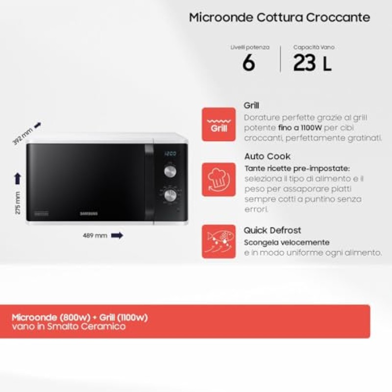 Samsung Forno a Microonde Grill, a libera installazione, Dual Dial MG23K3614AW/ET, Cottura Croccante, AutoDefrost, Microonde + Grill 800 W + 1100 W, 23 L, 49l x 27,5h x 39p cm, Bianco - 23 Litri White