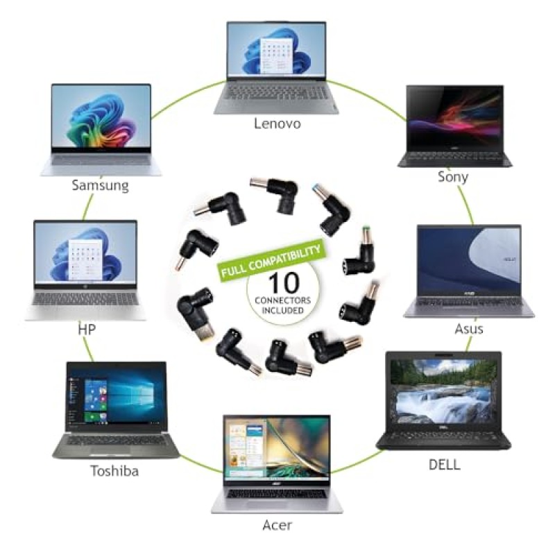 Tecnoware Power Systems - Caricatore Universale 95W per Notebook | 10 Connettori per Acer, ASUS, Sony, Toshiba, HP, Dell, Lenovo, LG, IBM, Fujitsu, Samsung | Protezione sbalzi corrente, Nero - 95W