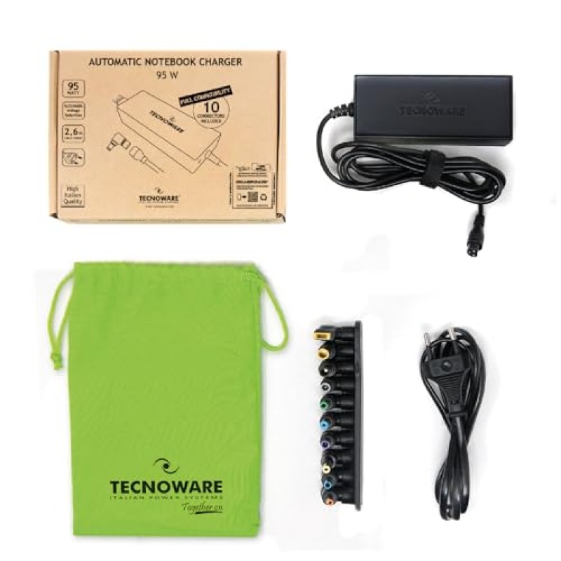 Tecnoware Power Systems - Caricatore Universale 95W per Notebook | 10 Connettori per Acer, ASUS, Sony, Toshiba, HP, Dell, Lenovo, LG, IBM, Fujitsu, Samsung | Protezione sbalzi corrente, Nero - 95W