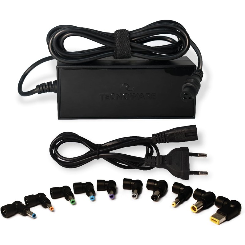 Tecnoware Power Systems - Caricatore Universale 95W per Notebook | 10 Connettori per Acer, ASUS, Sony, Toshiba, HP, Dell, Lenovo, LG, IBM, Fujitsu, Samsung | Protezione sbalzi corrente, Nero - 95W