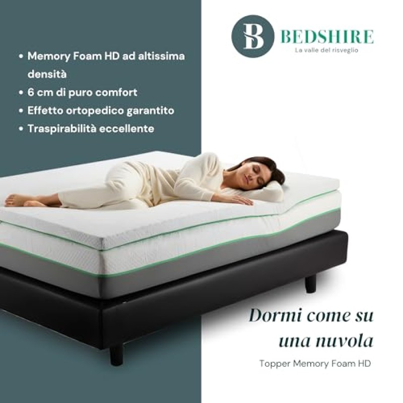 Bedshire Topper Matrimoniale 160x190 Materasso Correttore in Memory Foam HD Alto 6 cm con Rivestimento Sfoderabile Futon Ortopedico Made in Italy 100% - 160x190 Bianco