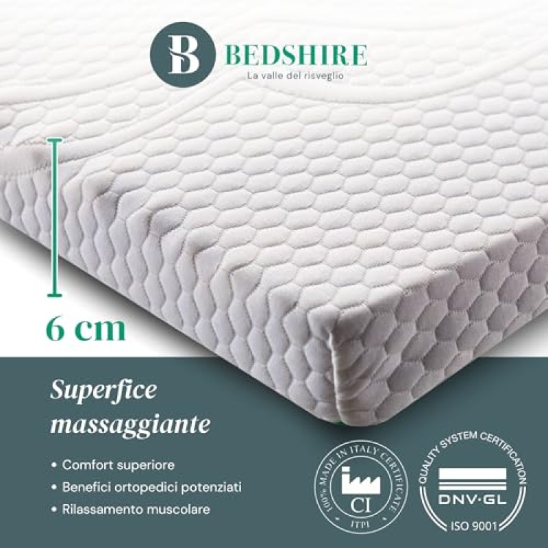 Bedshire Topper Matrimoniale 160x190 Materasso Correttore in Memory Foam HD Alto 6 cm con Rivestimento Sfoderabile Futon Ortopedico Made in Italy 100% - 160x190 Bianco