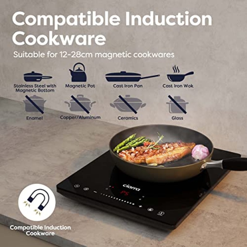 CIARRA CBTIH1 Piano Cottura a Induzione 2000W 8 Livelli Controllo Touch Sicurezza Multiplo Timer Spegnimento Automatico Blocco Bambini Vetro Ceramico Nero - 1 Burner